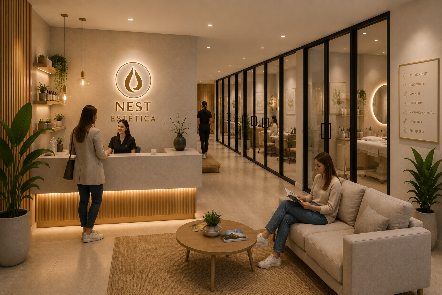 Recepción de Nest Estética con profesionales y clientes