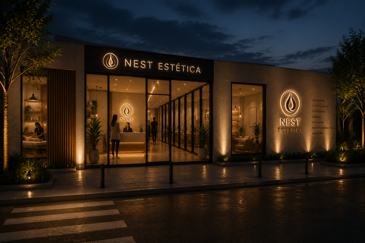Fachada del hub Nest Estética en Poble Nou de noche